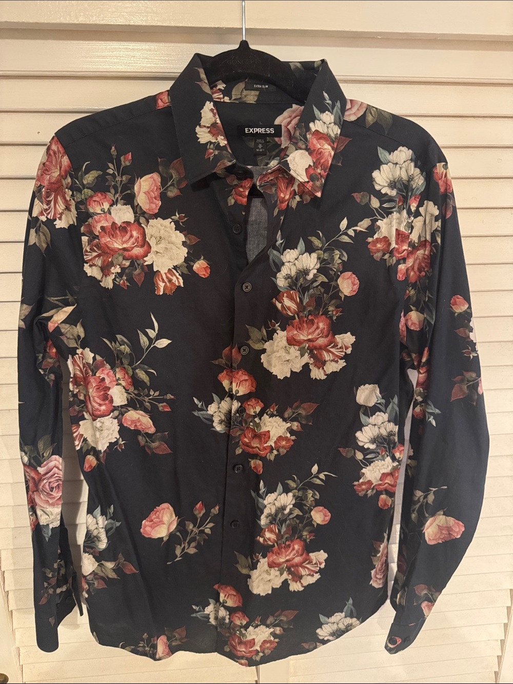 Express Men’s Black Floral Button-Down Shirt with Red & Cream Blooms